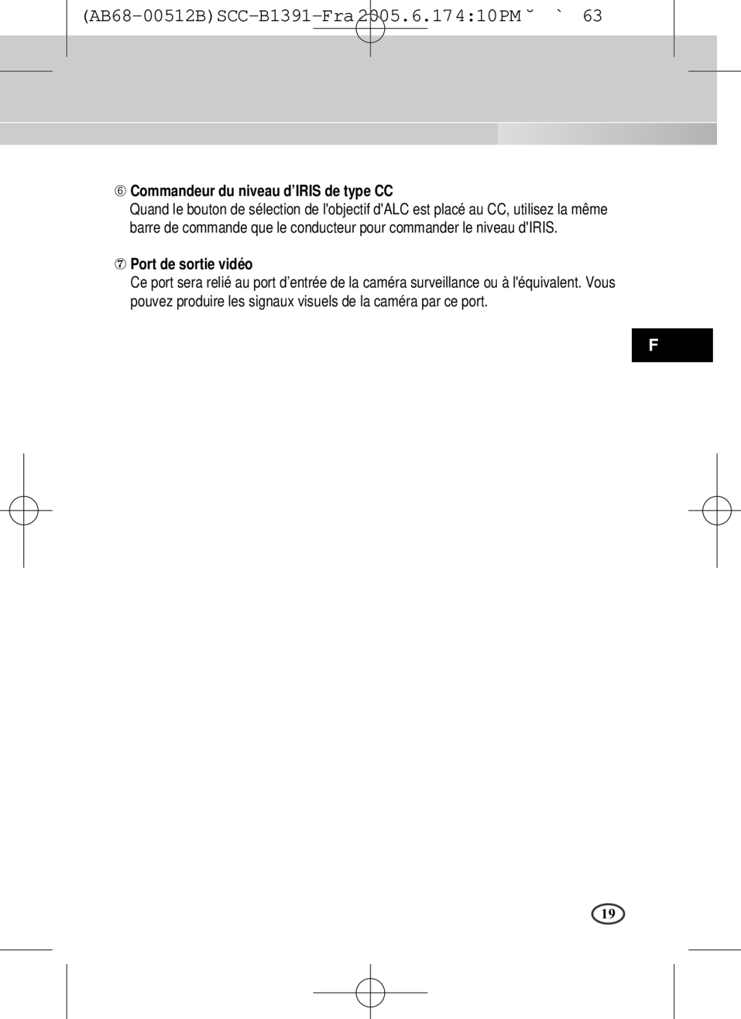 Samsung SCC-B1091P, SCC-B1391(P) user manual ➅ Commandeur du niveau d’IRIS de type CC, ⑦ Port de sortie vidéo 