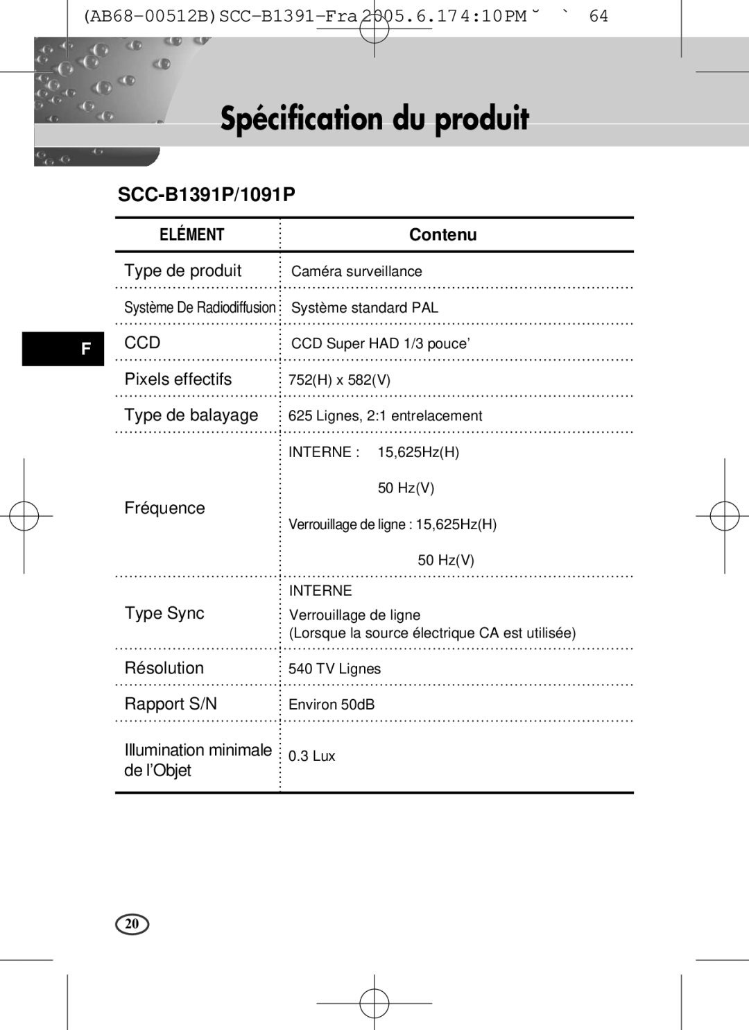 Samsung SCC-B1391(P), SCC-B1091P user manual Spécification du produit, SCC-B1391P/1091P, Contenu 