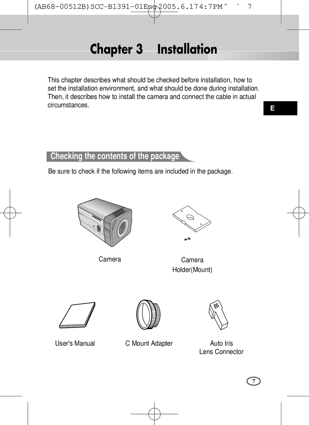 Samsung SCC-B1091P, SCC-B1391(P) user manual Installation, Checking the contents of the package 