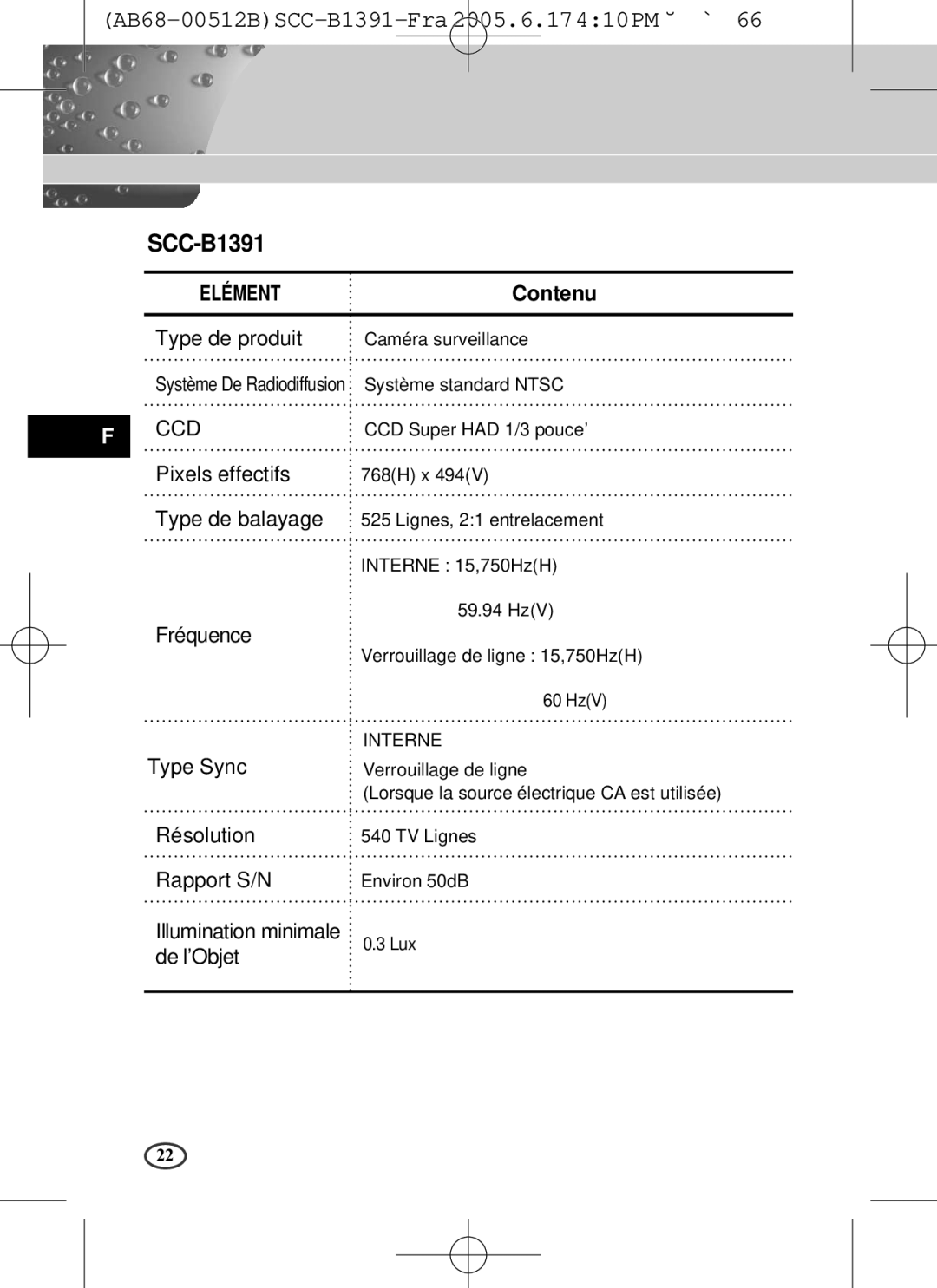 Samsung SCC-B1391(P), SCC-B1091P user manual Caméra surveillance 