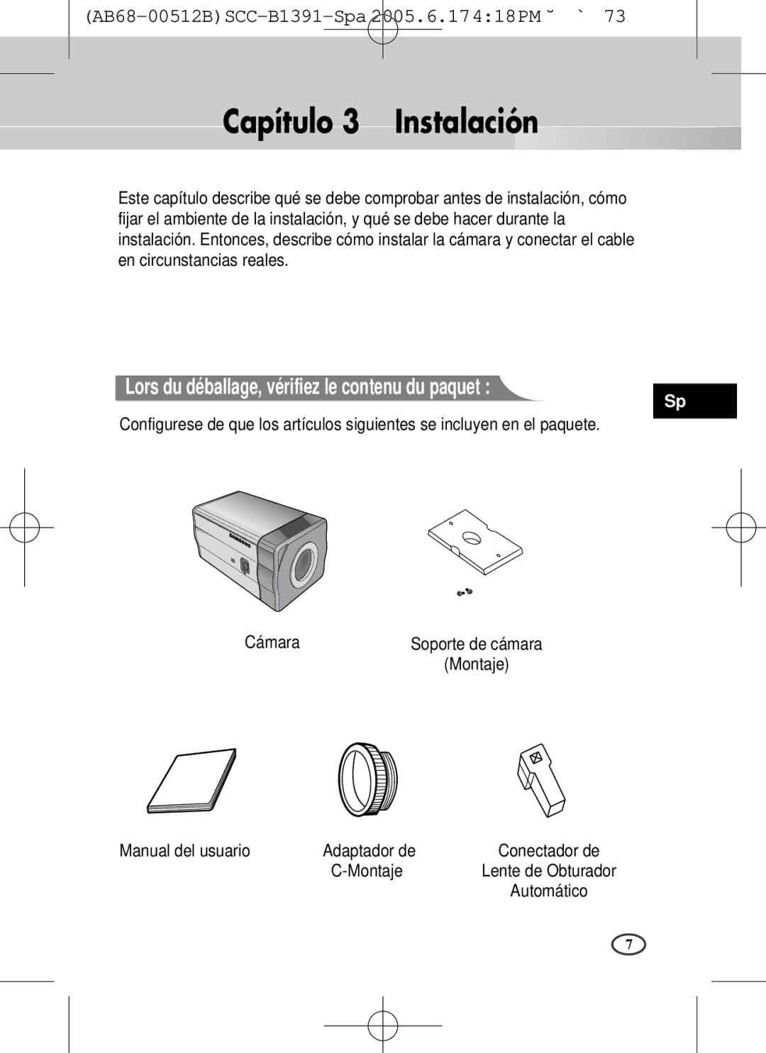 Samsung SCC-B1091P, SCC-B1391(P) user manual Capítulo 3 Instalación, Manual del usuario Adaptador de, Montaje 