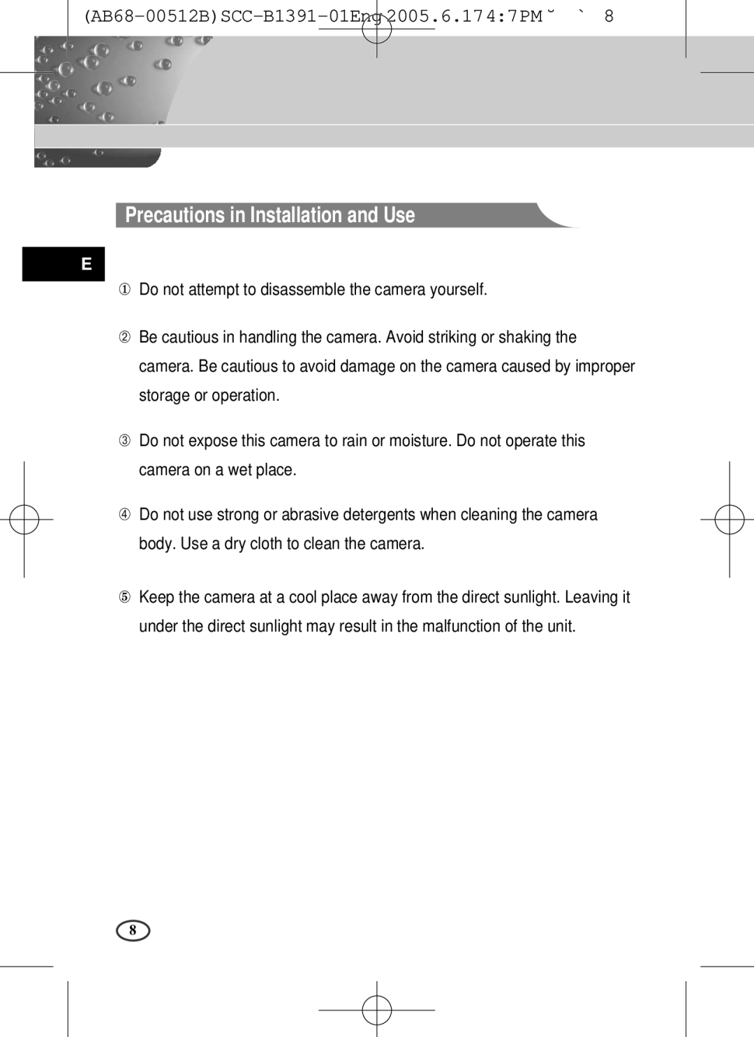 Samsung SCC-B1391(P), SCC-B1091P user manual Precautions in Installation and Use 