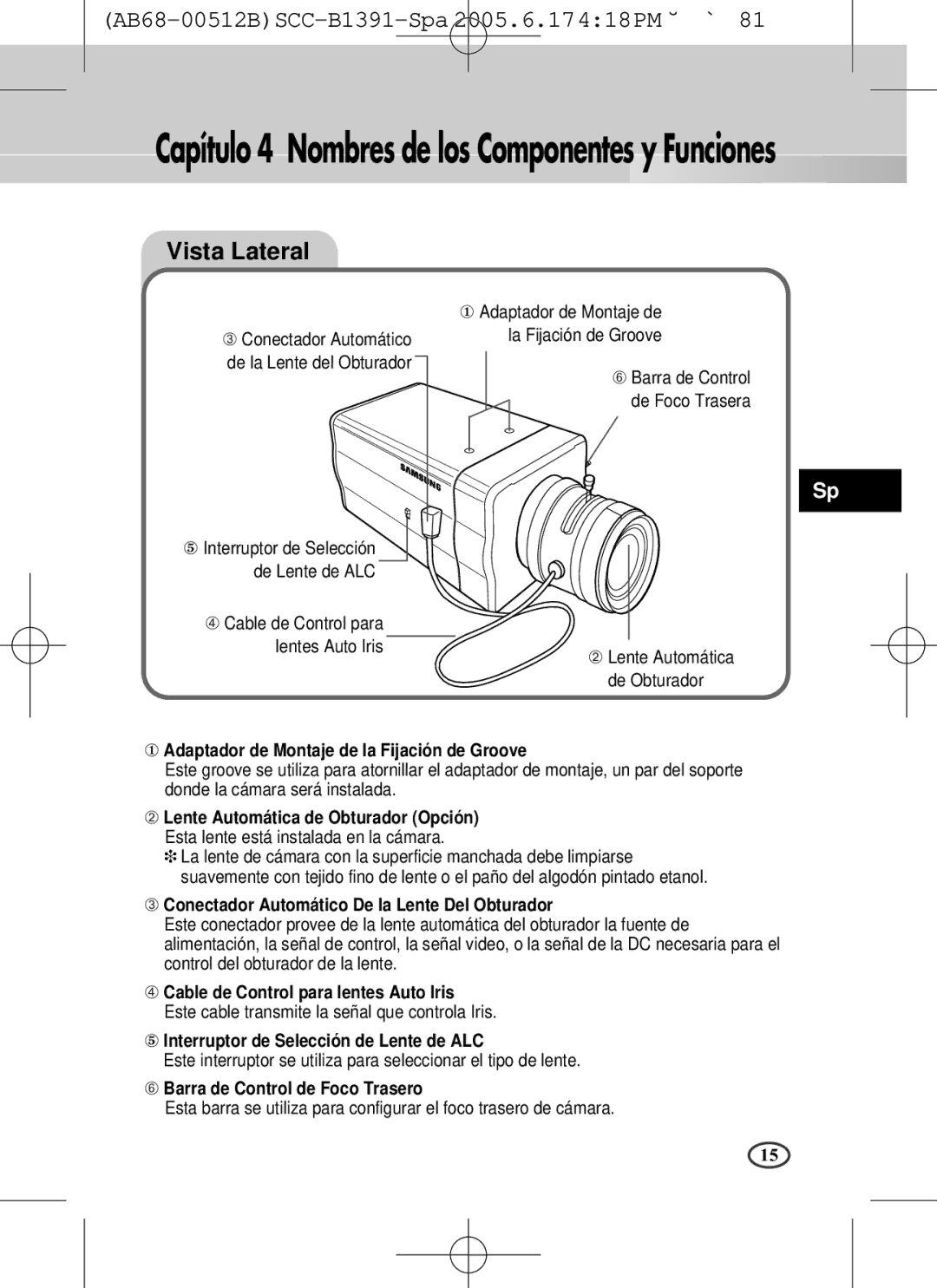 Samsung SCC-B1091P, SCC-B1391(P) user manual Capítulo 4 Nombres de los Componentes y Funciones, Vista Lateral 