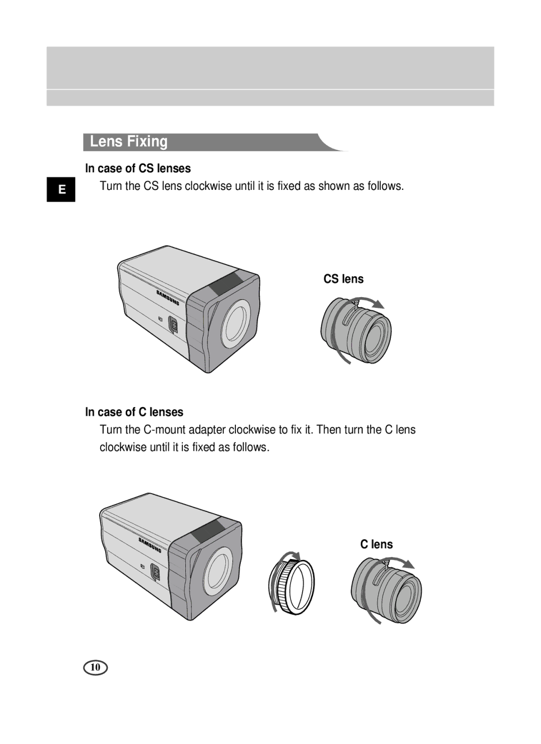 Samsung SCC-B1391P manual Lens Fixing, Case of CS lenses, CS lens Case of C lenses 