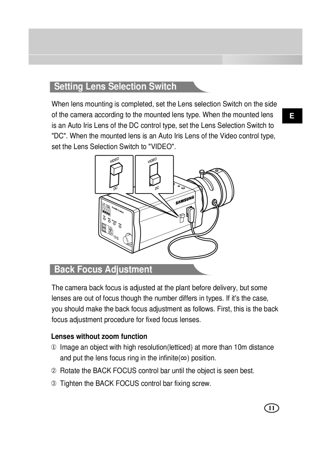 Samsung SCC-B1391P manual Setting Lens Selection Switch, Back Focus Adjustment, Lenses without zoom function 