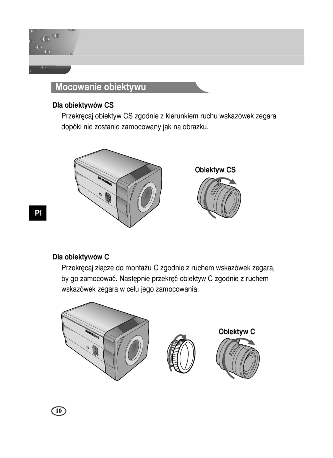 Samsung SCC-B1391P manual Mocowanie obiektywu 