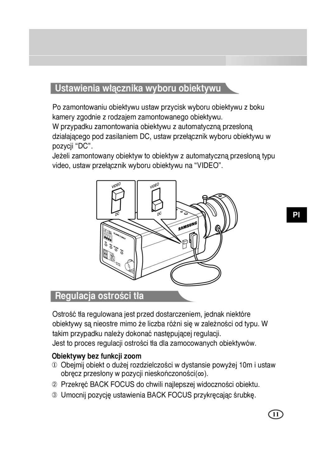 Samsung SCC-B1391P manual Ustawienia w∏àcznika wyboru obiektywu 