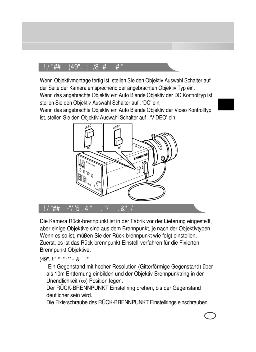 Samsung SCC-B1391P manual Einstellung Objektiv Auswahl Schalter, Einstellung des Rück-brennpunktes Back Focus 