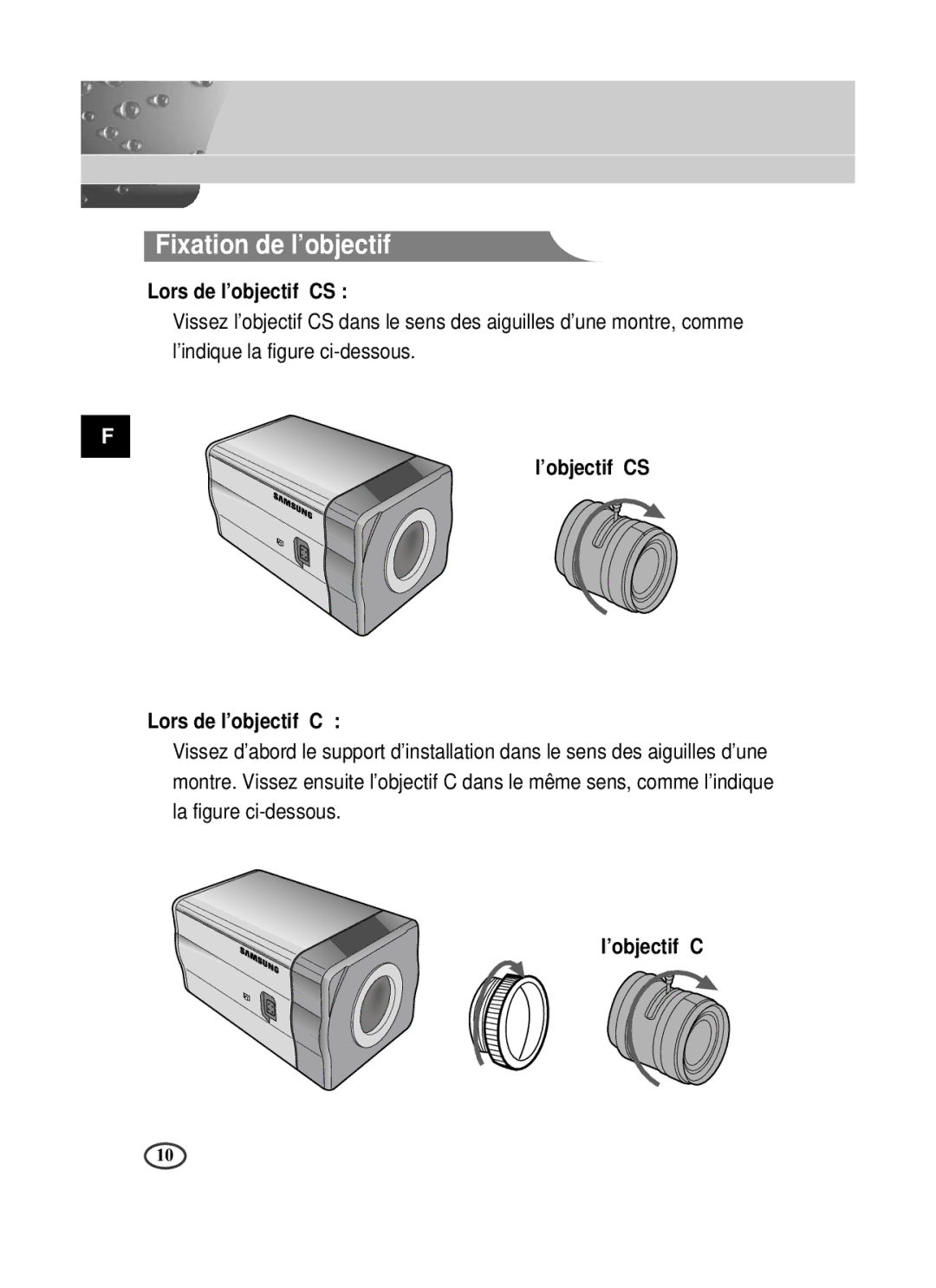 Samsung SCC-B1391P manual Fixation de l’objectif, Lors de l’objectif CS, ’objectif CS Lors de l’objectif C 