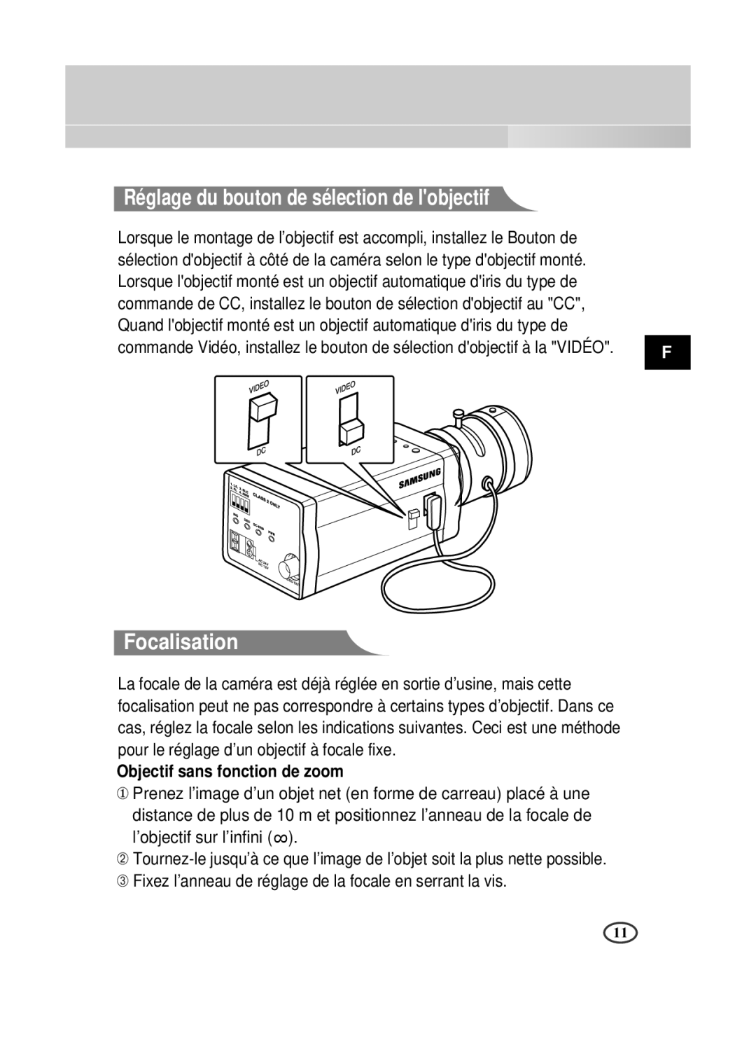 Samsung SCC-B1391P manual Réglage du bouton de sélection de lobjectif, Focalisation, Objectif sans fonction de zoom 