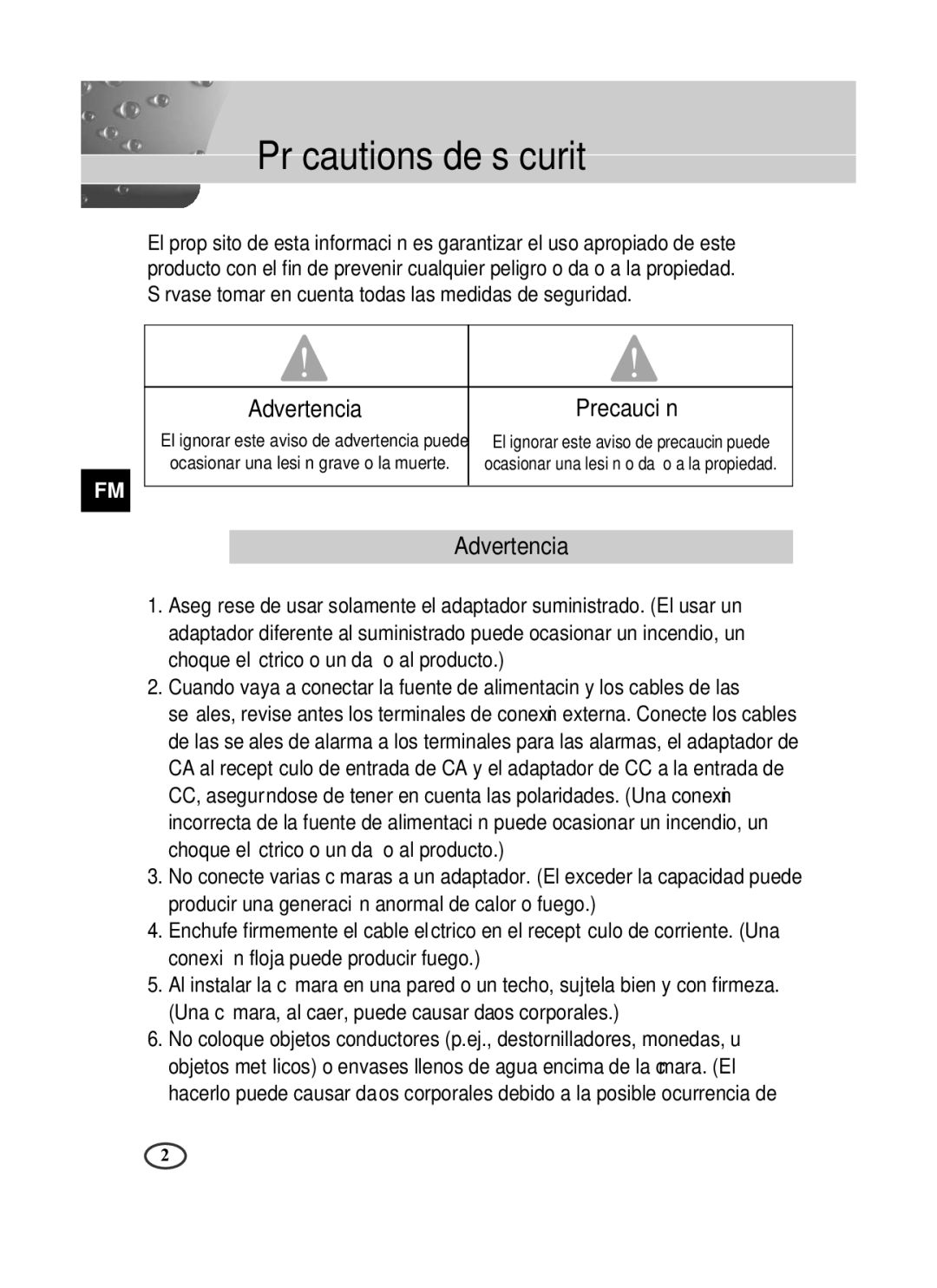 Samsung SCC-B1391P manual Advertencia Precaución 