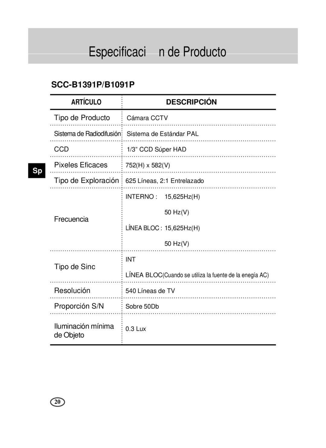 Samsung SCC-B1391P manual Especificación de Producto 