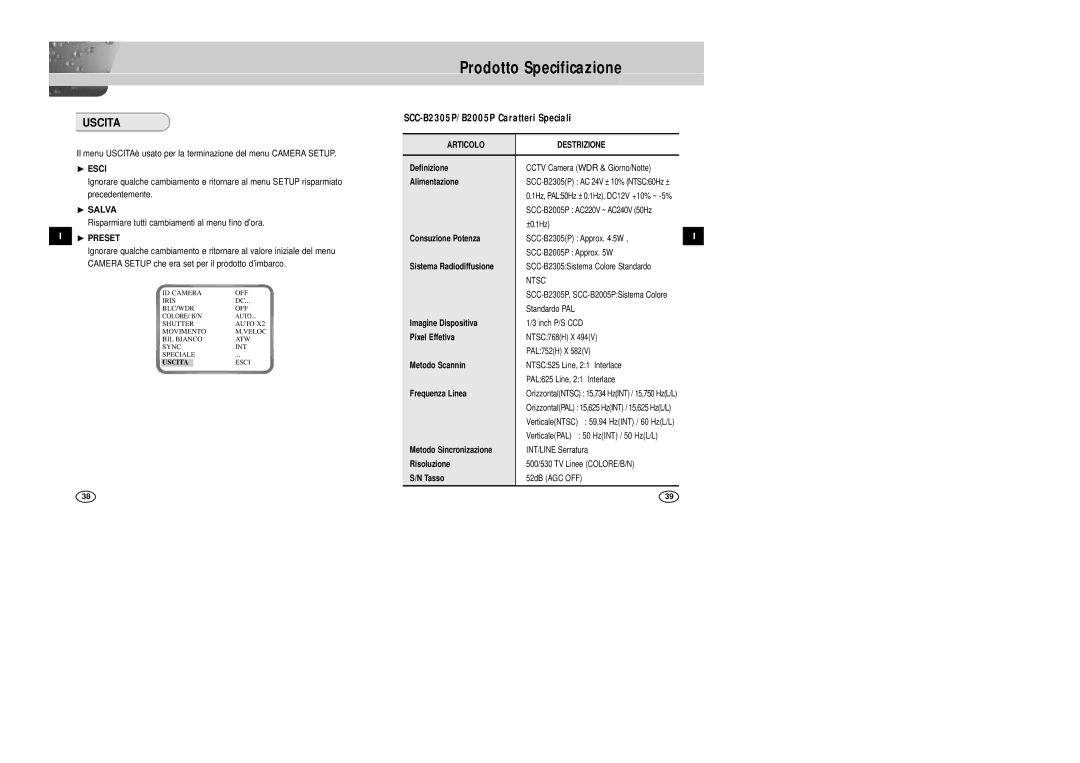 Samsung SCC-B2005P/TRK, SCC-B2305P manual Uscita, ❿ Esci, Risparmiare tutti cambiamenti al menu fino d’ora, Wdr 