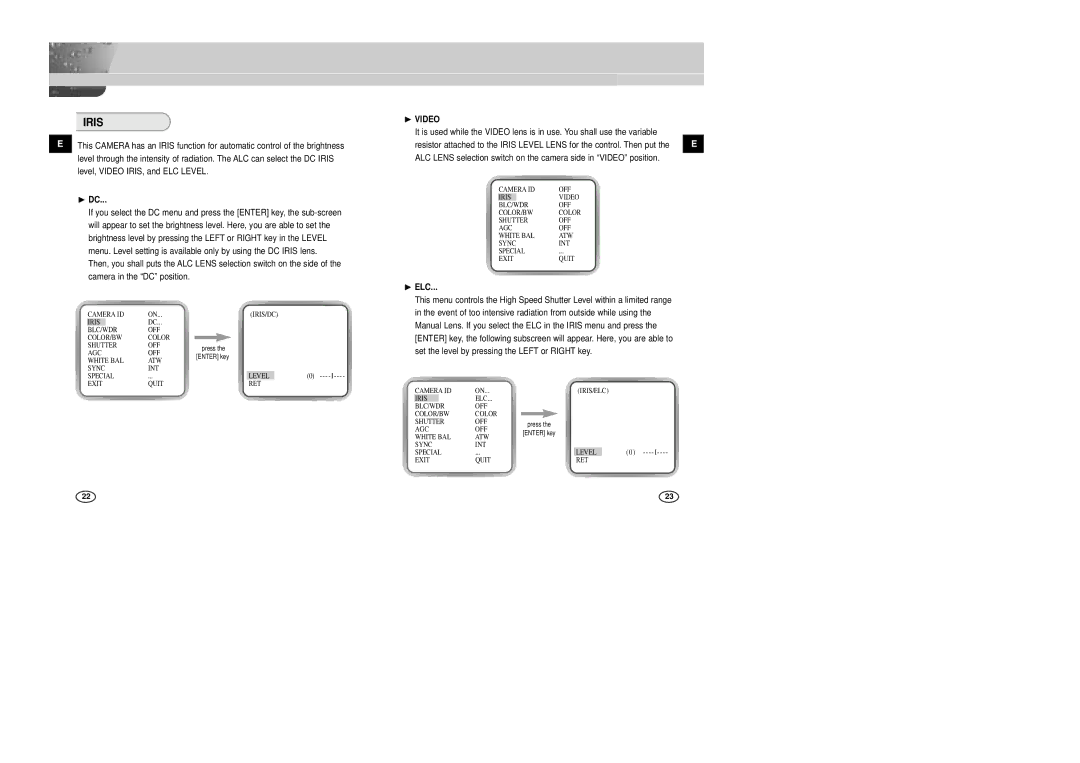 Samsung SCC-B2305P, SCC-B2005P/TRK manual Iris, ❿ DC, ❿ Video, ❿ ELC 