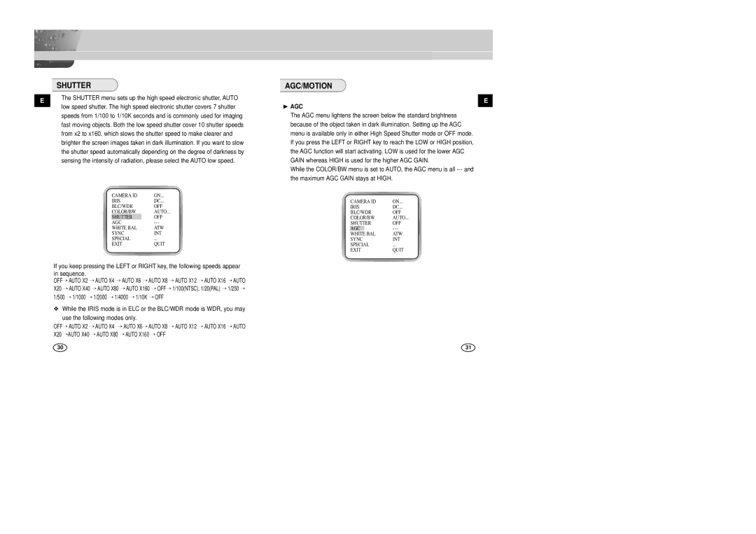 Samsung SCC-B2305P, SCC-B2005P/TRK manual Shutter, Agc/Motion, ❿ AGC 