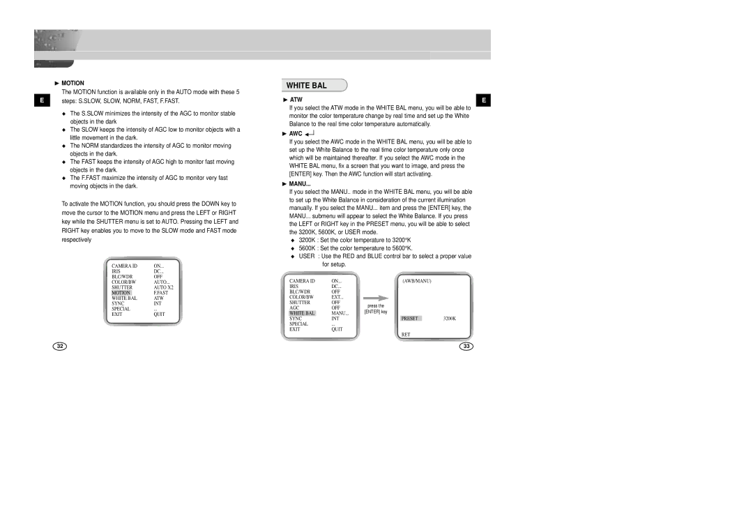 Samsung SCC-B2005P/TRK, SCC-B2305P manual White BAL, ❿ Motion, ❿ ATW, ❿ AWC, ❿ Manu 