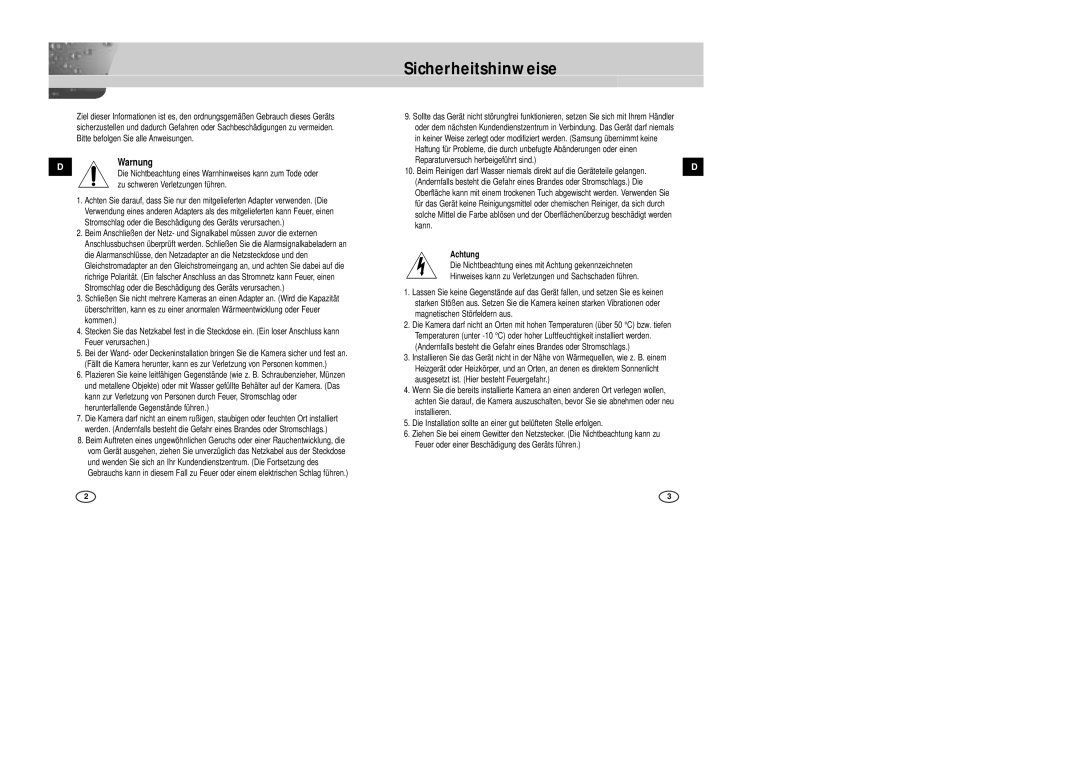 Samsung SCC-B2005P/TRK, SCC-B2305P manual Sicherheitshinweise 