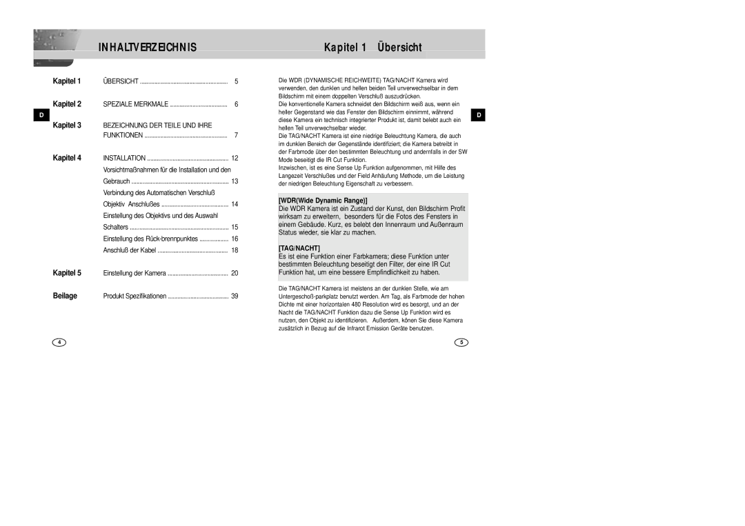 Samsung SCC-B2305P, SCC-B2005P/TRK manual Kapitel 1 Übersicht, Beilage, Bezeichnung DER Teile UND Ihre 