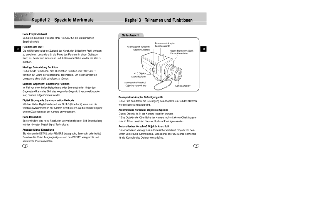 Samsung SCC-B2305P, SCC-B2005P/TRK manual Kapitel 2 Speziale Merkmale 