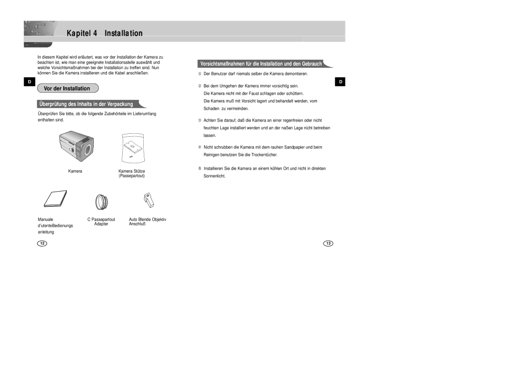 Samsung SCC-B2305P, SCC-B2005P/TRK manual Kapitel 4 Installation, Vor der Installation, Manuale Passepartout 