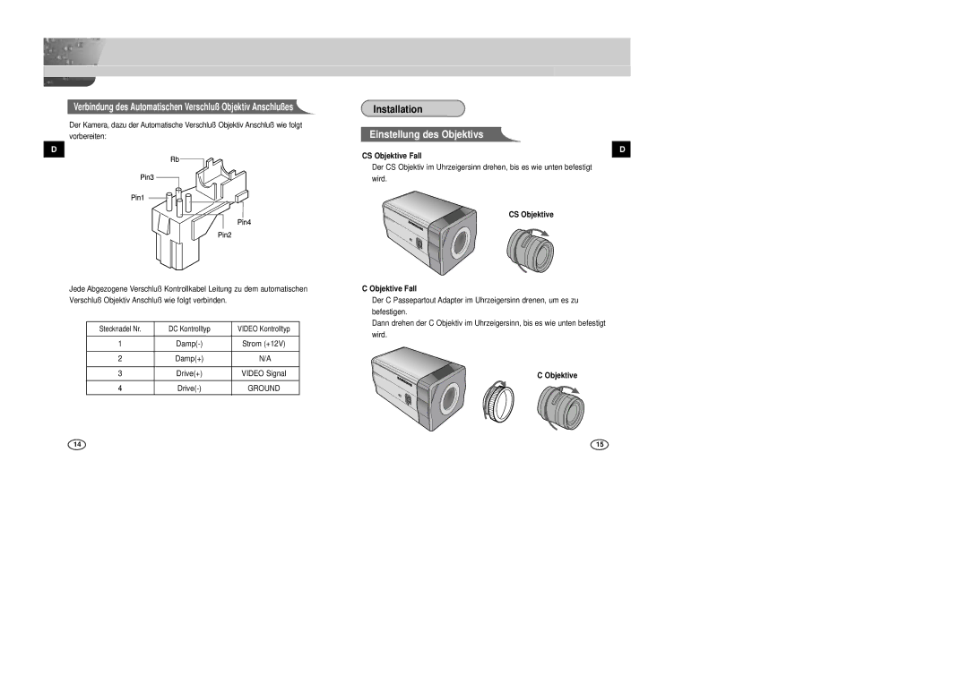 Samsung SCC-B2005P/TRK, SCC-B2305P manual Damp Strom +12V Damp+, CS Objektive Fall, CS Objektive Objektive Fall 