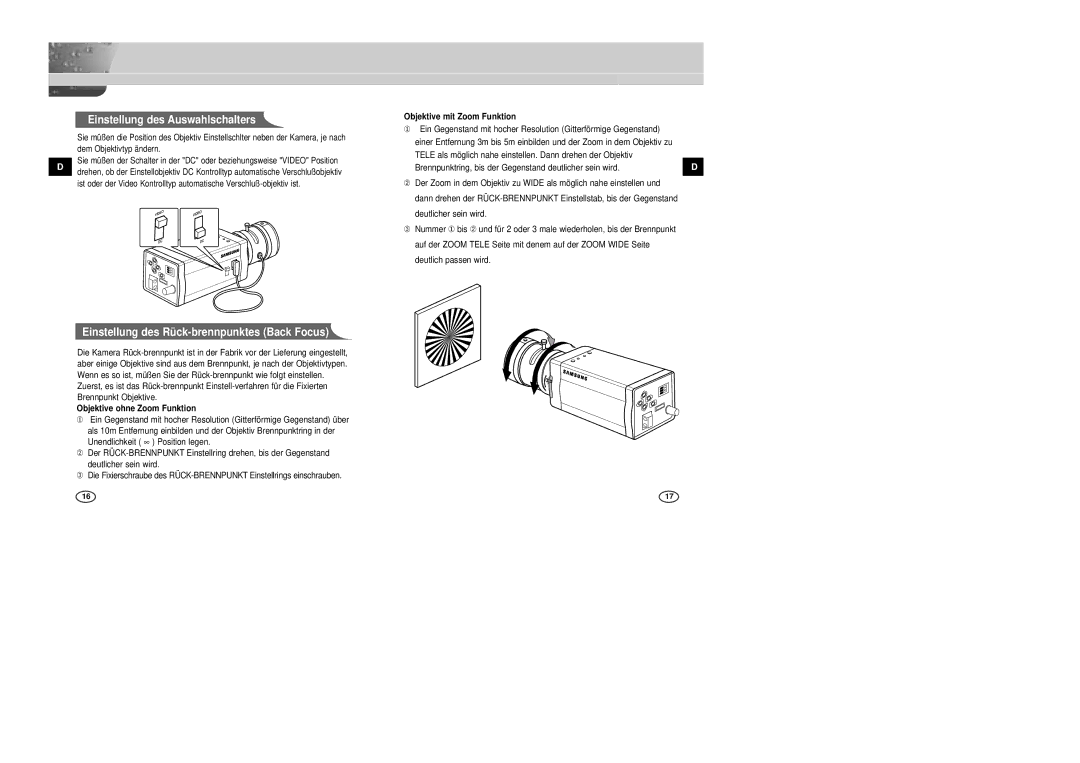 Samsung SCC-B2305P, SCC-B2005P/TRK manual Objektive mit Zoom Funktion, Objektive ohne Zoom Funktion 