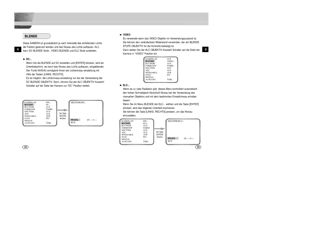 Samsung SCC-B2305P, SCC-B2005P/TRK manual Blende/Dc, Rue, Blende/Elc 