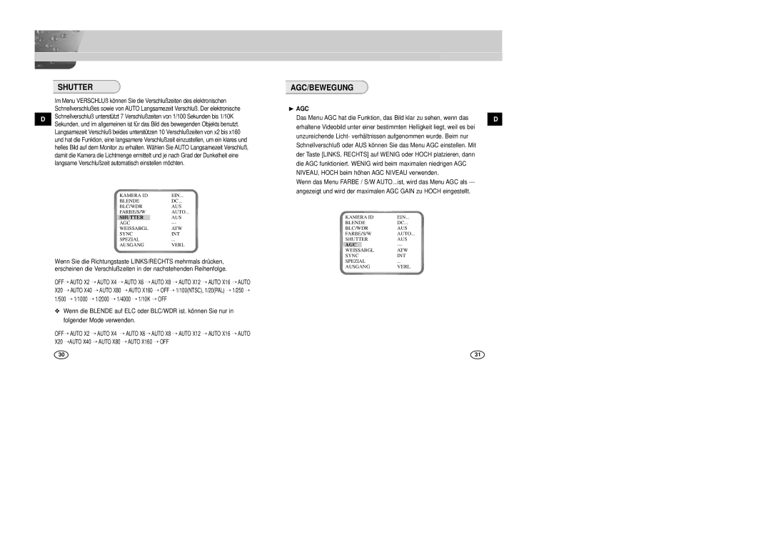 Samsung SCC-B2305P, SCC-B2005P/TRK manual Agc/Bewegung, Shutter 