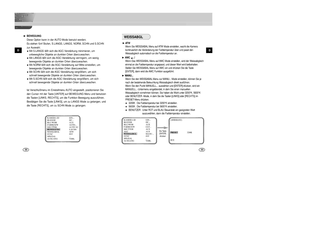 Samsung SCC-B2005P/TRK, SCC-B2305P manual Weissabgl, ❿ Bewegung, ❿ ATW, ❿ AWC 