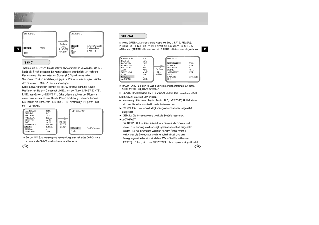 Samsung SCC-B2305P, SCC-B2005P/TRK manual Spezial, Rechts, Bis +138HPAL, Linie Lock, ❿AKTIVITAET 