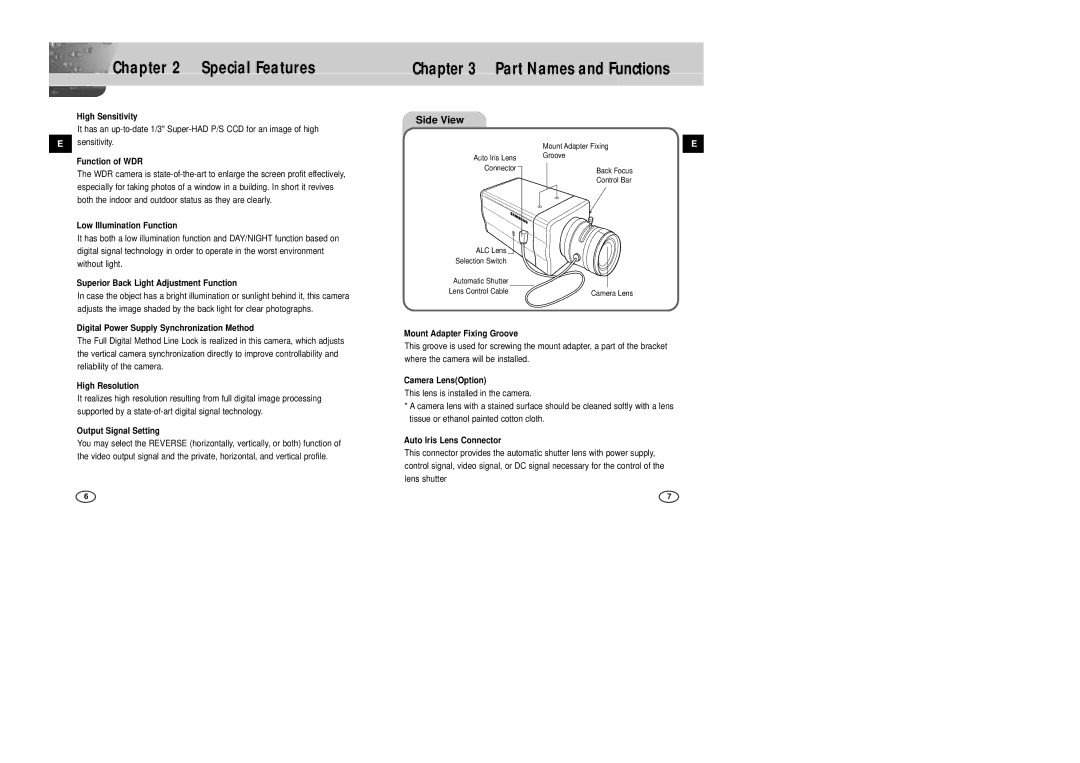 Samsung SCC-B2305P, SCC-B2005P/TRK manual Special Features Part Names and Functions, Side View 