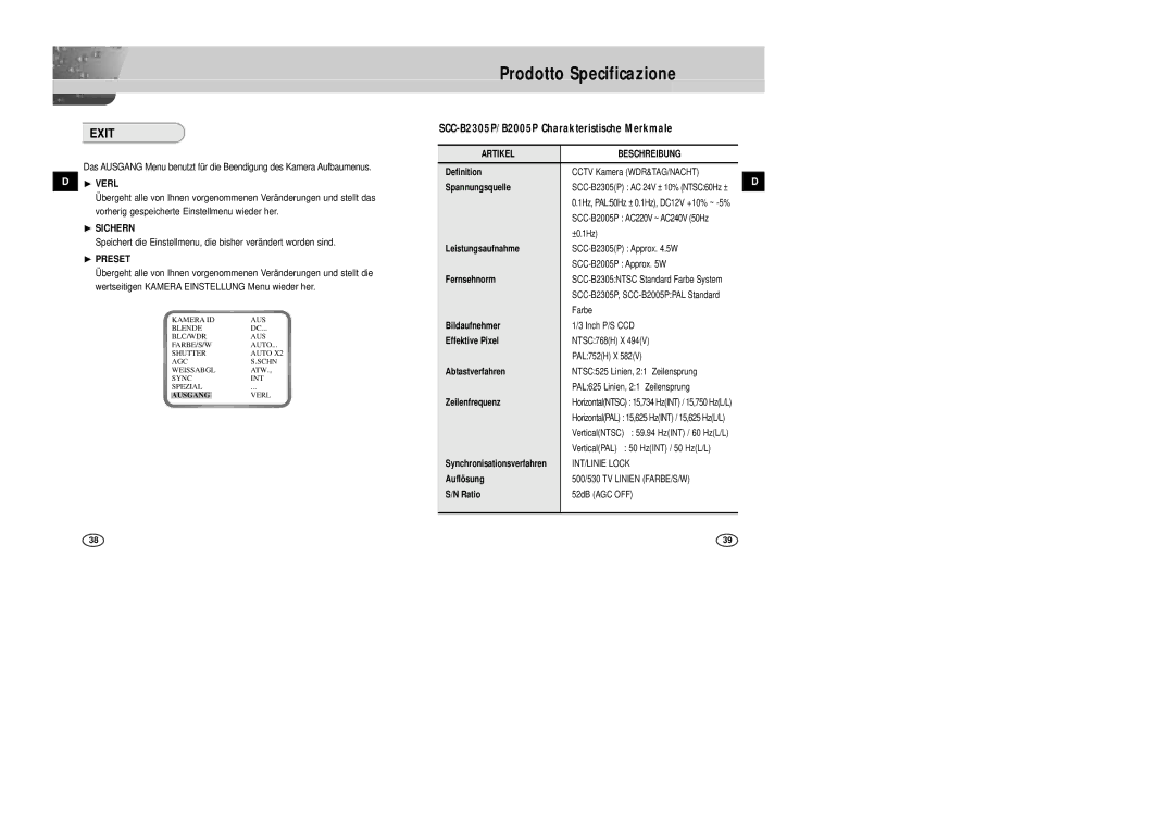 Samsung SCC-B2005P/TRK, SCC-B2305P manual Prodotto Specificazione, ❿ Verl, ❿ Sichern, Sync INT Spezial, Ausgang 