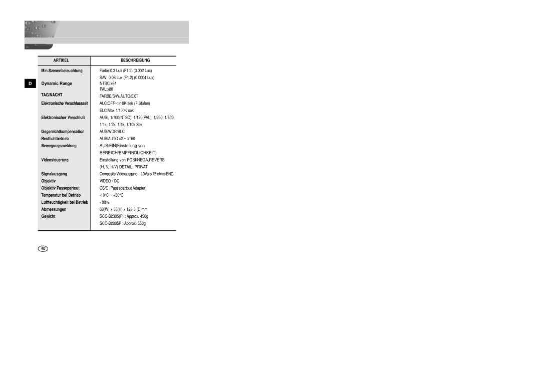 Samsung SCC-B2005P manual Farbe 0.3 Lux F1.2 0.002 Lux, AUS/EINEinstellung von, Bereich/Empfindlichkeit, H/V DETAIL, Privat 