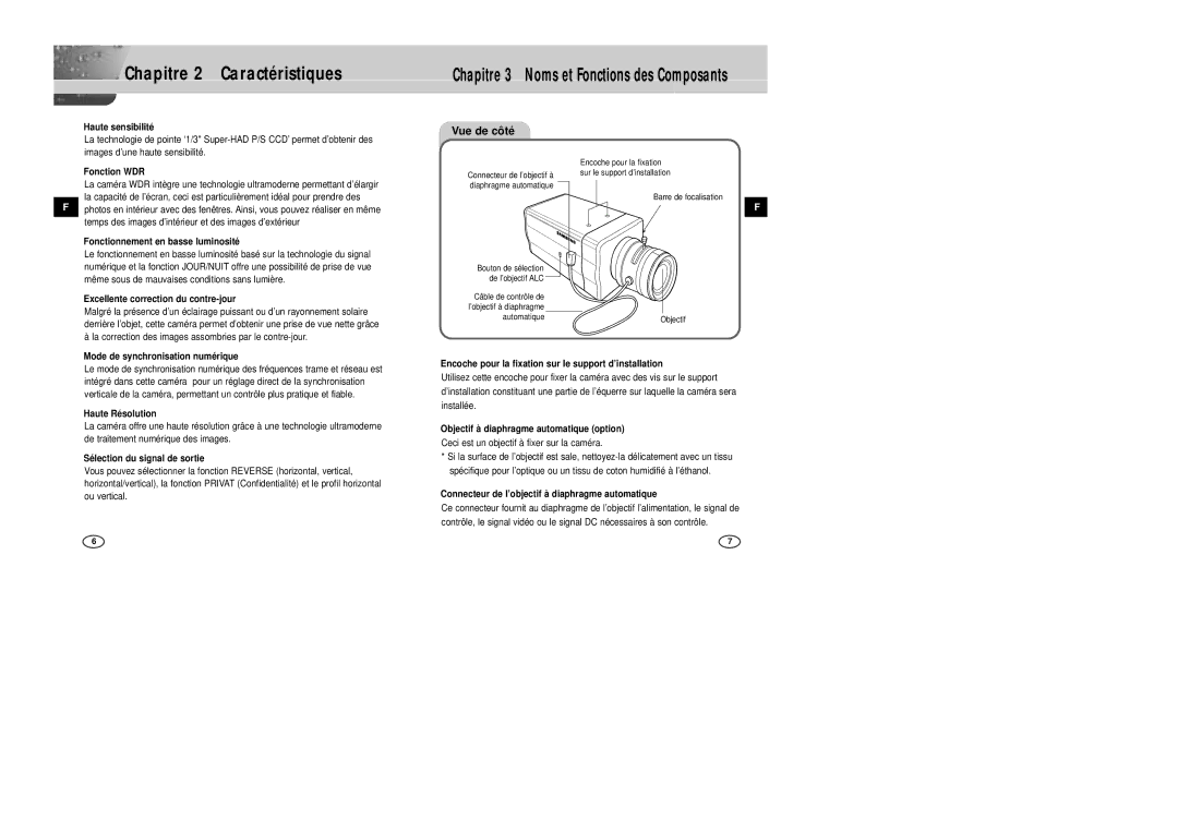 Samsung SCC-B2305P, SCC-B2005P/TRK manual Chapitre 2 Caractéristiques, Vue de côté 