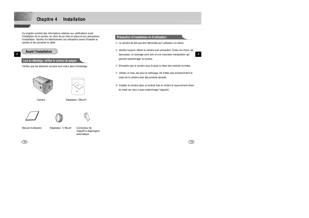 Samsung SCC-B2305P Chapitre 4 Installation, Avant l’installation, Manuel d’utilisation Adaptateur ‘C Mount’ Connecteur de 