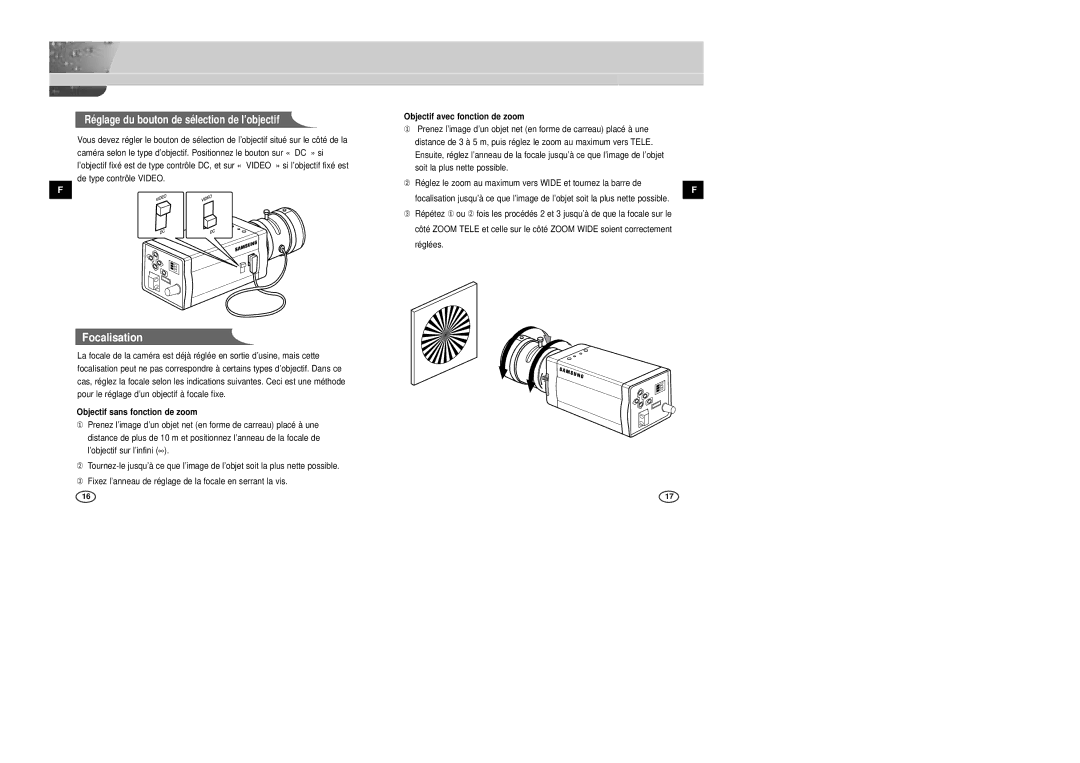 Samsung SCC-B2305P, SCC-B2005P/TRK manual Objectif avec fonction de zoom, Objectif sans fonction de zoom 