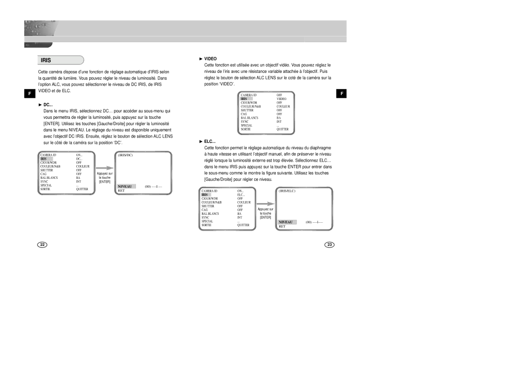 Samsung SCC-B2305P, SCC-B2005P/TRK manual Niveau, Iris 