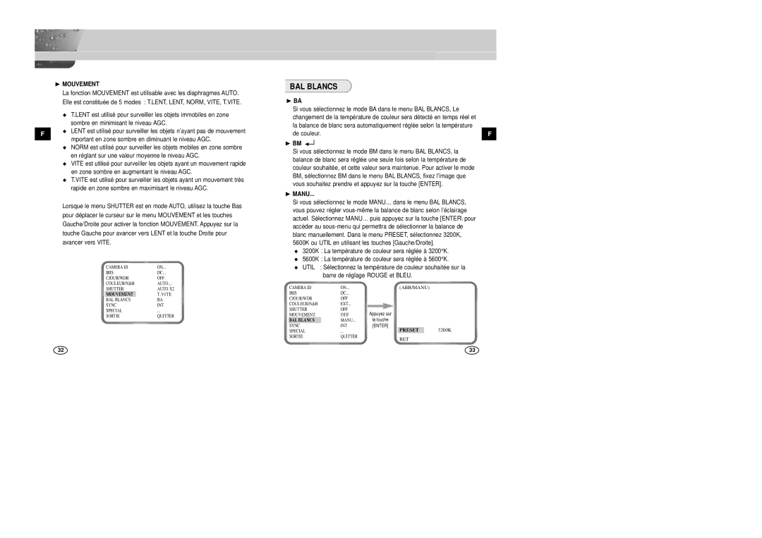 Samsung SCC-B2005P/TRK, SCC-B2305P manual BAL Blancs, ❿ Mouvement, Avancer vers Vite, ❿ BA, Preset 