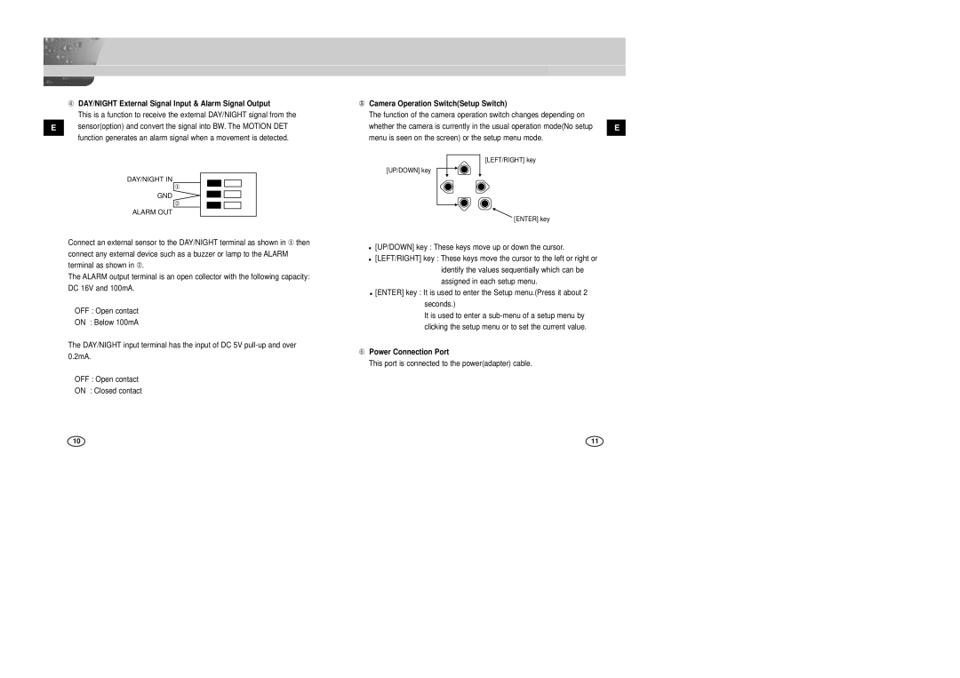 Samsung SCC-B2005P, SCC-B2305P manual ➃ DAY/NIGHT External Signal Input & Alarm Signal Output, DAY/NIGHT GND Alarm OUT 