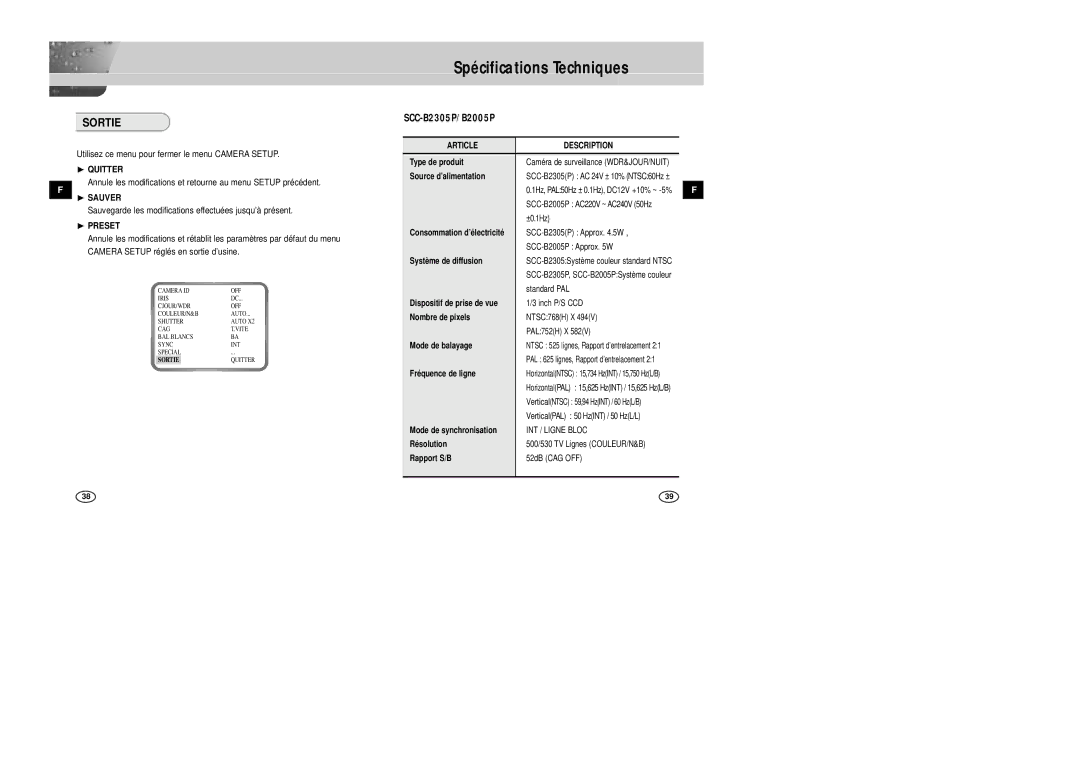 Samsung SCC-B2005P/TRK, SCC-B2305P manual Spécifications Techniques, Sortie, ❿ Quitter, ❿ Sauver 