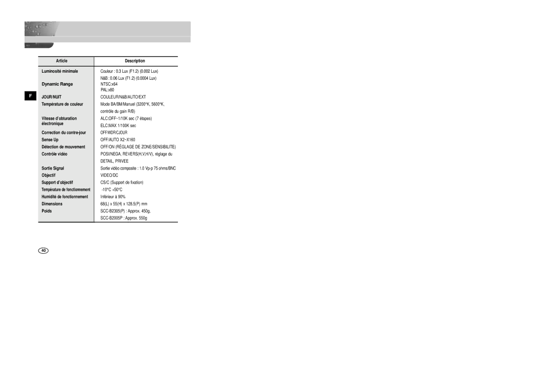 Samsung SCC-B2305P, SCC-B2005P/TRK manual Couleur 0.3 Lux F1.2 0.002 Lux, Jour/Nuit 