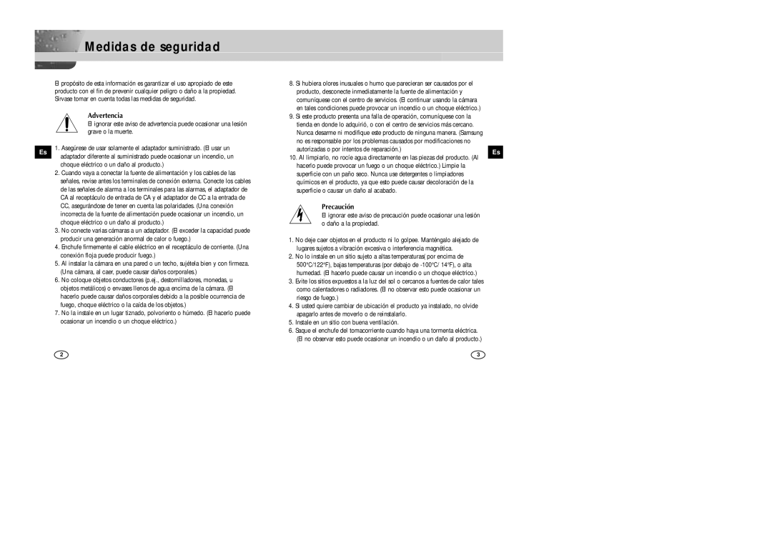 Samsung SCC-B2005P/TRK, SCC-B2305P manual Medidas de seguridad 