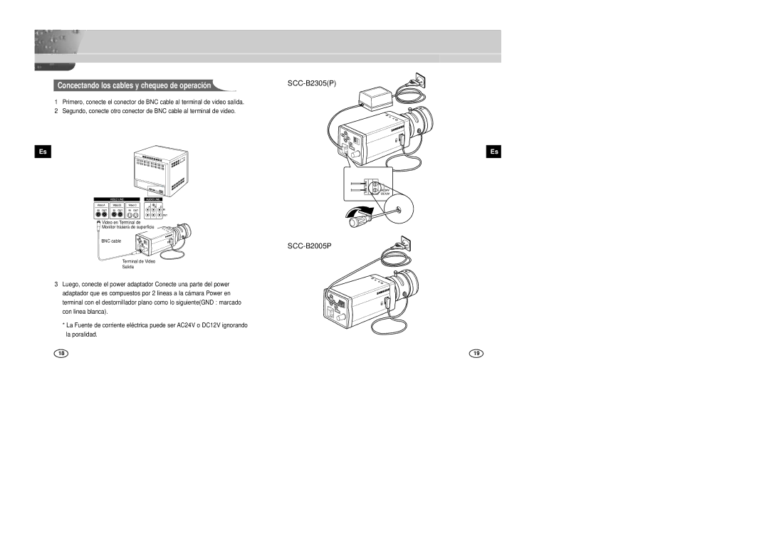 Samsung SCC-B2305P, SCC-B2005P/TRK manual Concectando los cables y chequeo de operación 