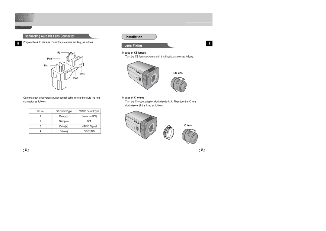 Samsung SCC-B2005P/TRK, SCC-B2305P manual Installation, Case of CS lenses, Ground, CS lens Case of C lenses, Lens 