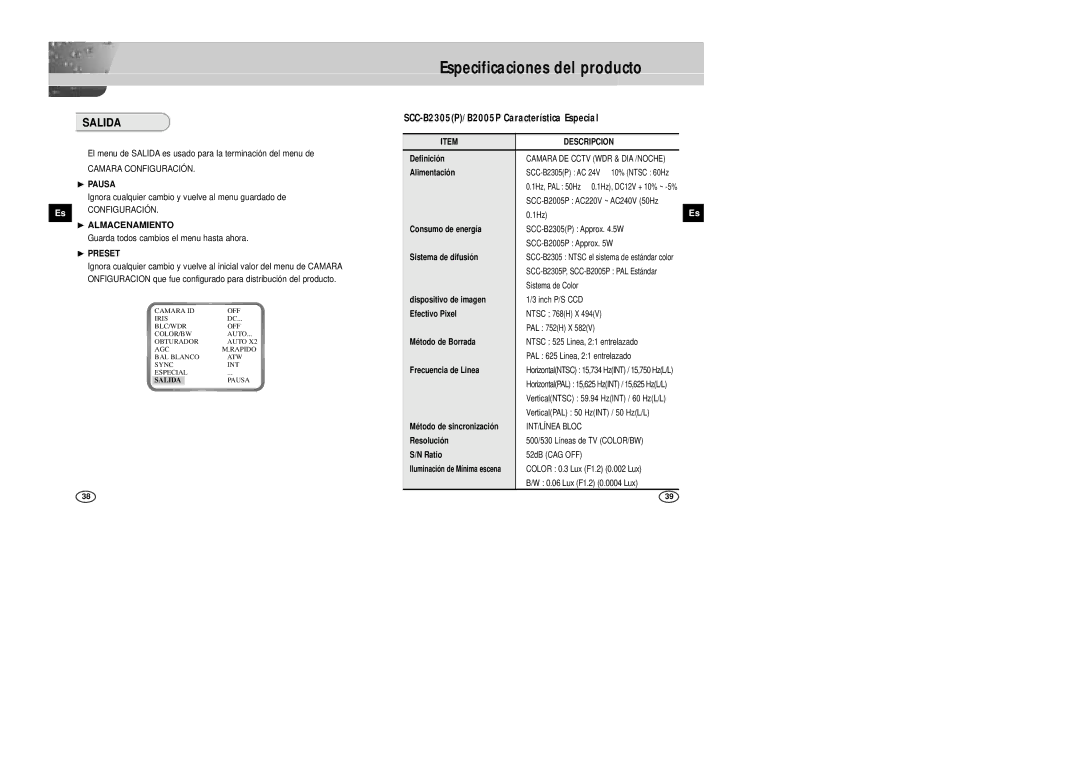 Samsung SCC-B2005P/TRK, SCC-B2305P manual Especificaciones del producto, Salida, Camara Configuración, ❿ Pausa 