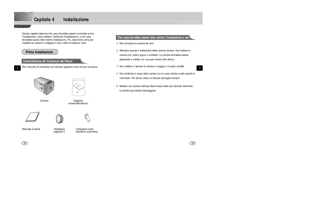 Samsung SCC-B2305P, SCC-B2005P manual Capitolo Installazione, Prima Installazione, Manuale d’utente Adattatore, Supporto C 