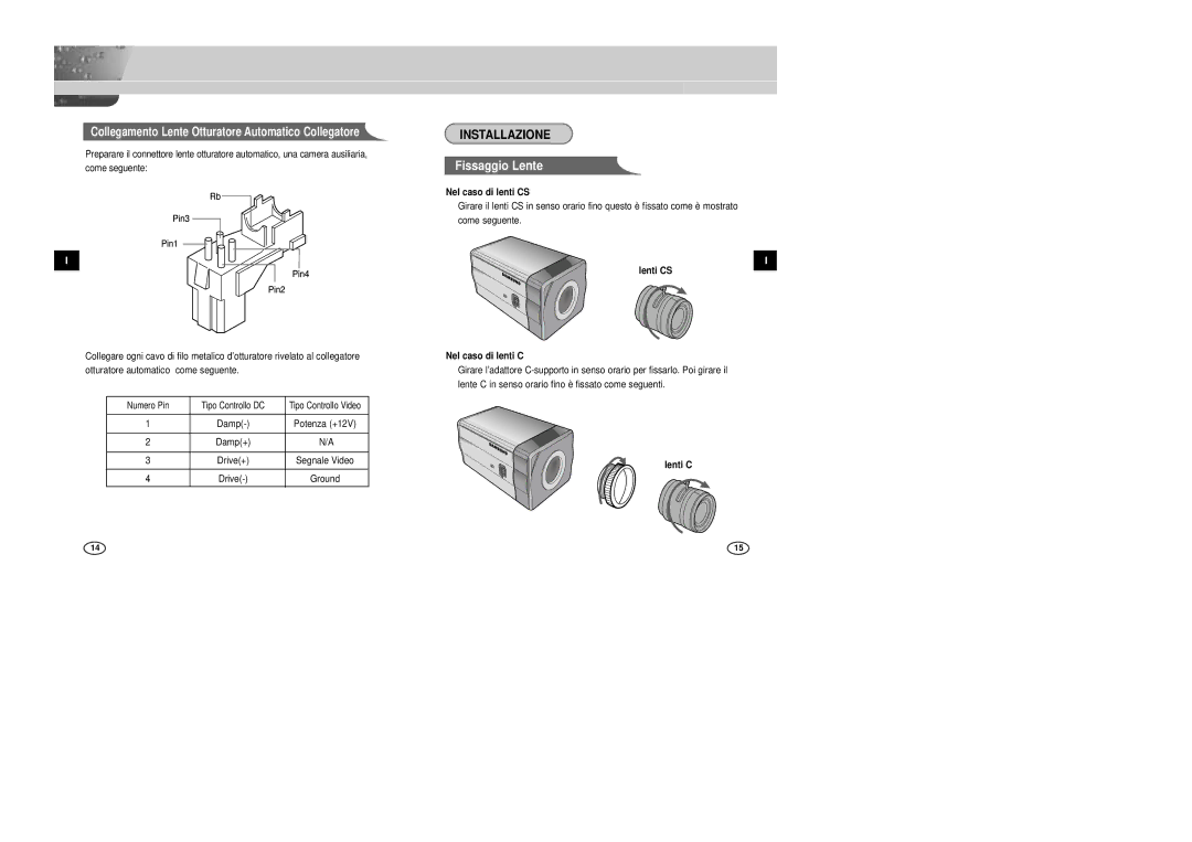 Samsung SCC-B2005P/TRK, SCC-B2305P manual Installazione, Nel caso di lenti CS, Lenti CS Nel caso di lenti C 