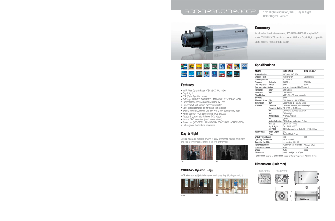 Samsung SCC-B2005P dimensions Summary, Features, Day & Night, Specifications, Dimensions unitmm, WDR Wide Dynamic Range 