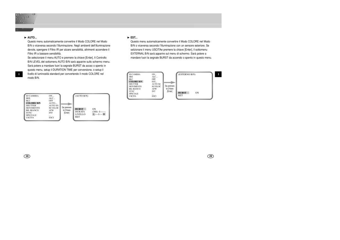 Samsung SCC-B2007P manual Auto B/N, Durata, Livello, ❿ EST, Esterno B/N 