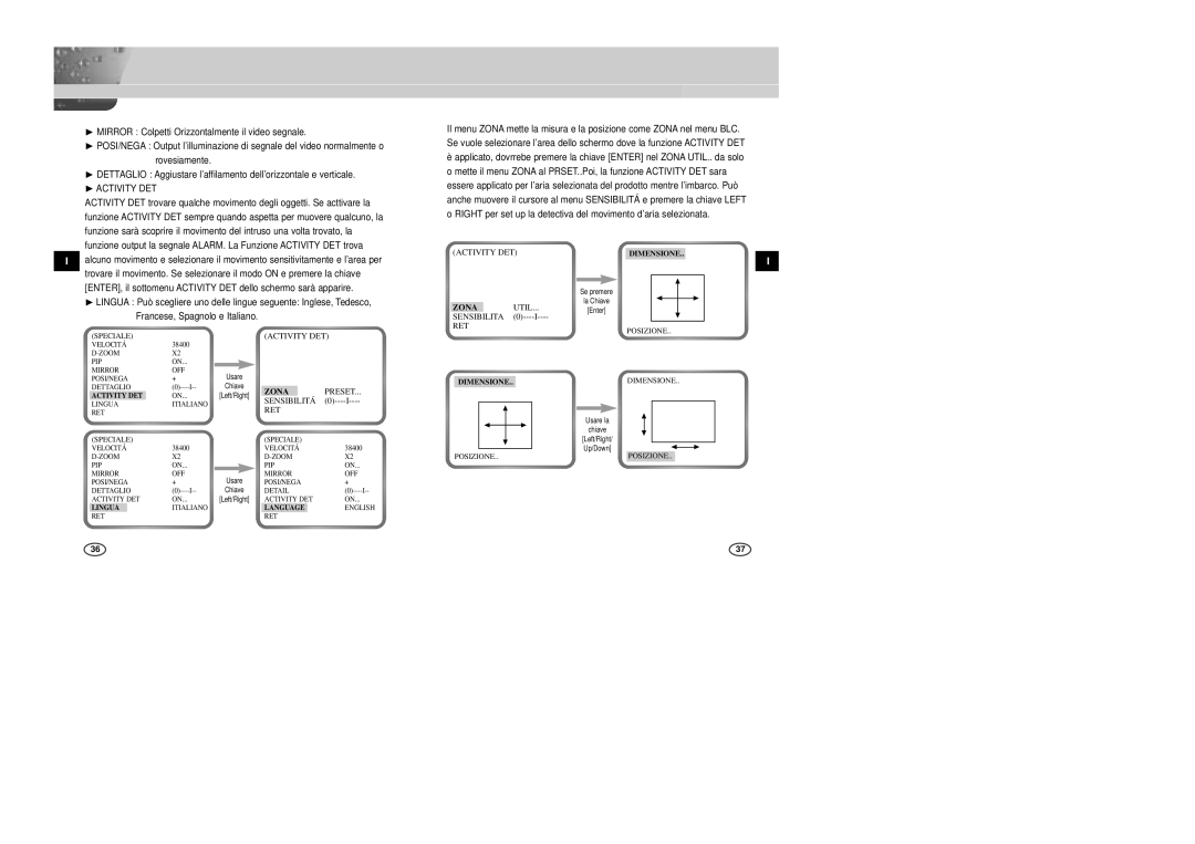 Samsung SCC-B2007P manual ❿ACTIVITY DET, Activity DET, Per, Sensibilita RET 